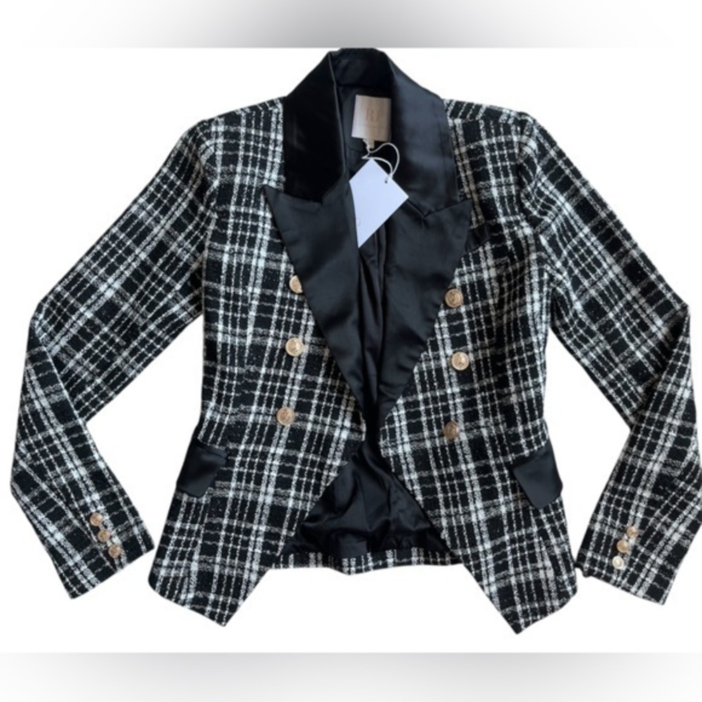 NWT Rachel Parcell Black and White Plaid tweed Blazer - Picture 2 of 16